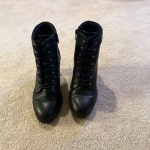 Black lace up heeled booties